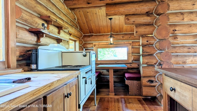 10559 Rammell Mountain Rd, Tetonia, ID 83452 - kitchen featuring rustic walls, hardwood / wood-style floors, range, wood ceiling, and decorative light fixtures