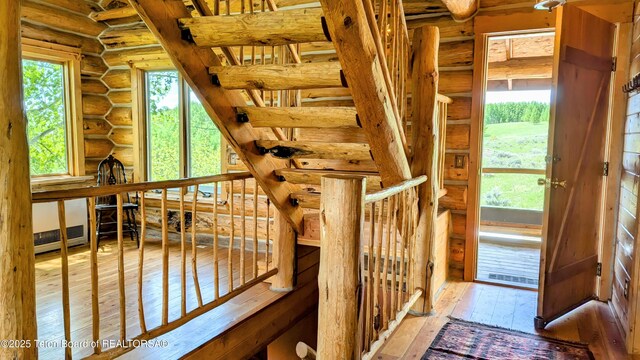 10559 Rammell Mountain Rd, Tetonia, ID 83452 - staircase featuring log walls and wood-type flooring