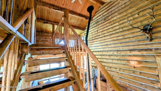 10559 Rammell Mountain Rd, Tetonia, ID 83452 - stairs featuring wood ceiling and log walls