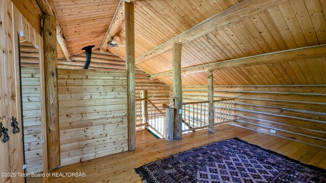 10559 Rammell Mountain Rd, Tetonia, ID 83452 - corridor featuring wood ceiling, rustic walls, and hardwood / wood-style flooring