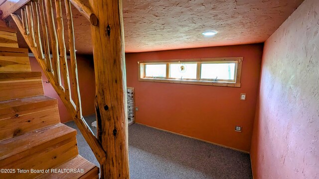 10559 Rammell Mountain Rd, Tetonia, ID 83452 - stairway featuring a textured ceiling and carpet flooring