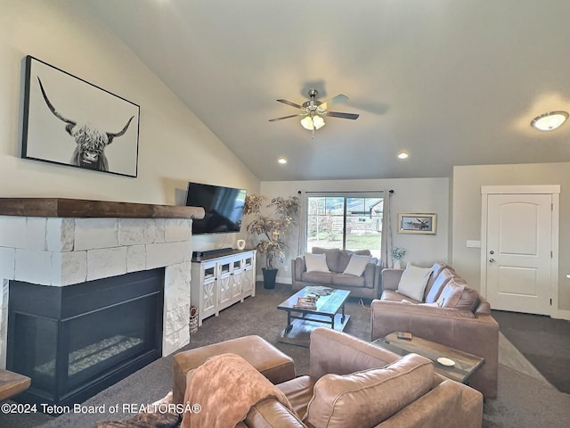 2929 Iron Wood Dr, Driggs, ID 83422 - carpeted living area with a ceiling fan, vaulted ceiling, a glass covered fireplace, baseboards, and recessed lighting