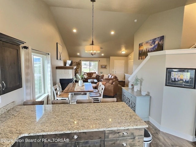 2929 Iron Wood Dr, Driggs, ID 83422 - kitchen featuring dark brown cabinets, dark wood-style flooring, high vaulted ceiling, light stone countertops, and recessed lighting