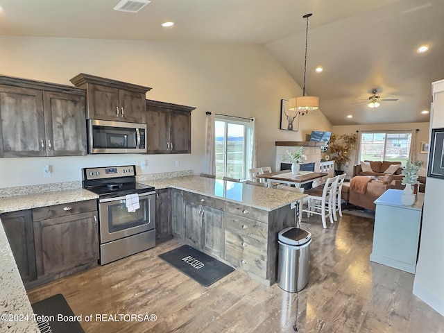 2929 Iron Wood Dr, Driggs, ID 83422 - kitchen featuring appliances with stainless steel finishes, dark brown cabinets, wood finished floors, a peninsula, and open floor plan