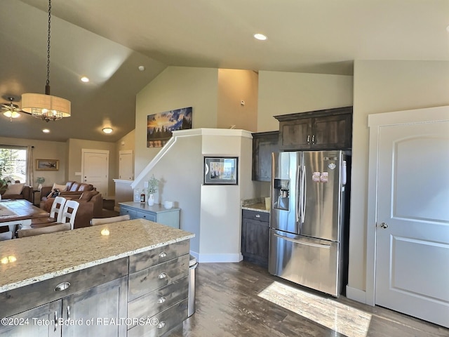 2929 Iron Wood Dr, Driggs, ID 83422 - kitchen with stainless steel refrigerator with ice dispenser, a chandelier, dark brown cabinetry, baseboards, and dark wood-type flooring