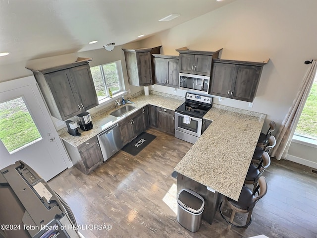 2929 Iron Wood Dr, Driggs, ID 83422 - kitchen with appliances with stainless steel finishes, healthy amount of natural light, wood finished floors, a sink, and vaulted ceiling