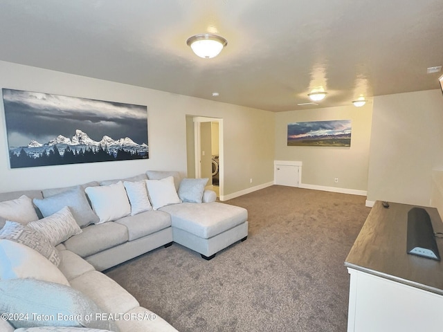2929 Iron Wood Dr, Driggs, ID 83422 - living room featuring carpet flooring, baseboards, and washer / dryer