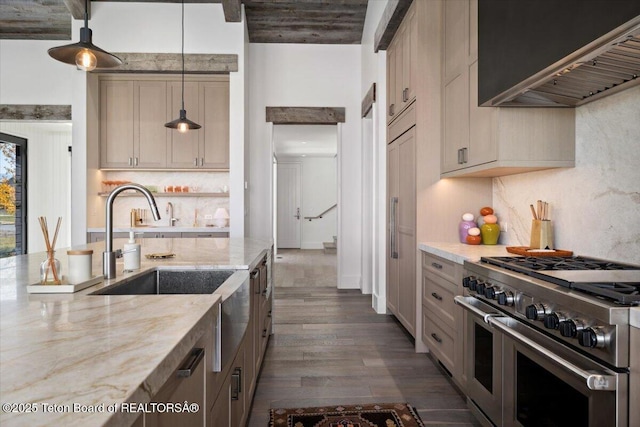 900 Mountain Bluebird Ct, Driggs, ID 83422 - kitchen featuring double oven range, custom range hood, dark wood-style floors, light stone counters, and backsplash