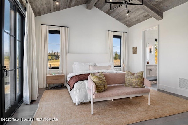 900 Mountain Bluebird Ct, Driggs, ID 83422 - bedroom featuring wooden ceiling with exposed beams, multiple windows, wood finished floors, ensuite bath, and high vaulted ceiling