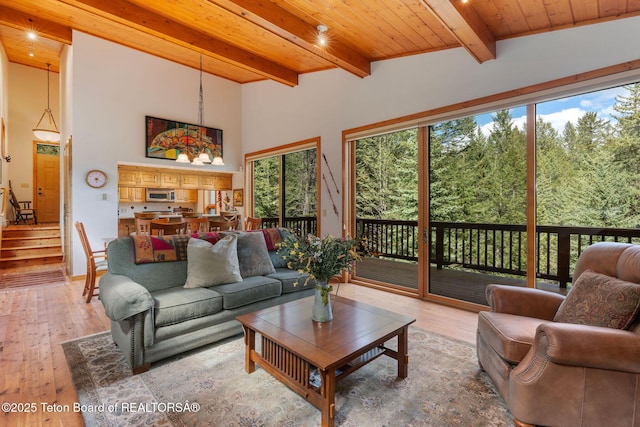 25655 Buffalo Run, Moran, WY 83013 - living area with hardwood / wood-style flooring, stairway, and wooden ceiling with exposed beams