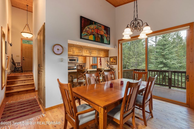 25655 Buffalo Run, Moran, WY 83013 - dining area with high vaulted ceiling, light wood-type flooring, plenty of natural light, stairs, and a chandelier