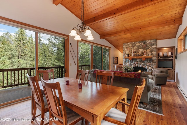 25655 Buffalo Run, Moran, WY 83013 - dining room with plenty of natural light, light wood-style floors, a stone fireplace, wooden ceiling, and a chandelier