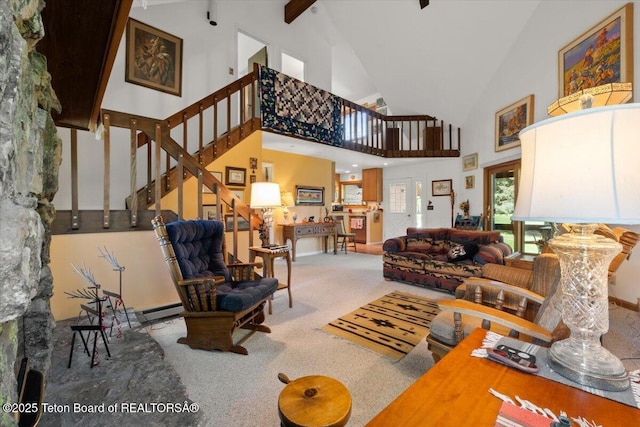 3470 S Winding Trail Dr, Jackson, WY 83001 - living room with stairs, high vaulted ceiling, carpet, and beamed ceiling