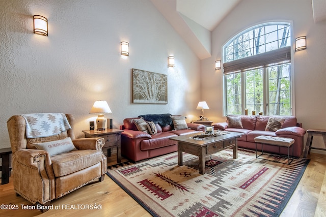 125 Cobble Creek Ln Unit 75, Driggs, ID 83422 - living room with wood finished floors, a textured wall, and high vaulted ceiling
