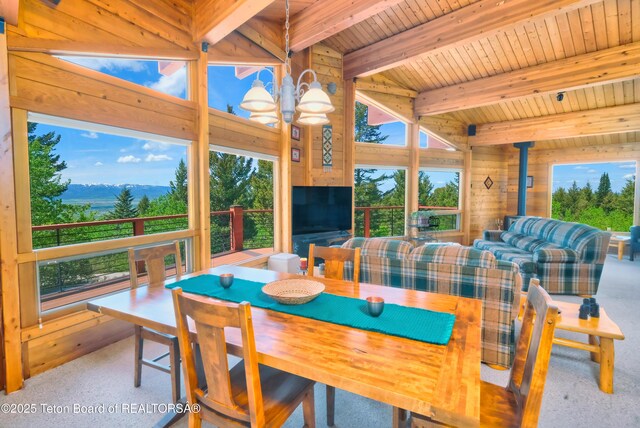 3190 Sorensen Creek Dr, Victor, ID 83455 - carpeted dining room featuring healthy amount of natural light, wood ceiling with exposed beams, and wooden walls