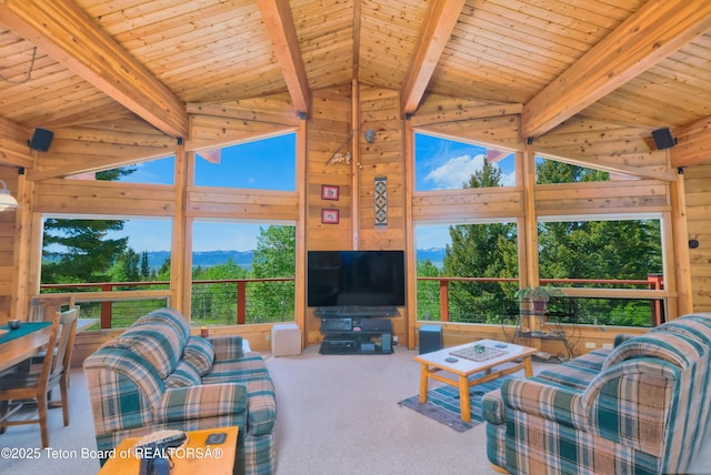 3190 Sorensen Creek Dr, Victor, ID 83455 - carpeted living area featuring plenty of natural light, wood walls, and wooden ceiling