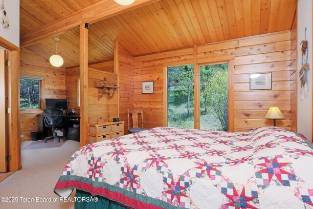 3190 Sorensen Creek Dr, Victor, ID 83455 - carpeted bedroom featuring wooden ceiling and wood walls