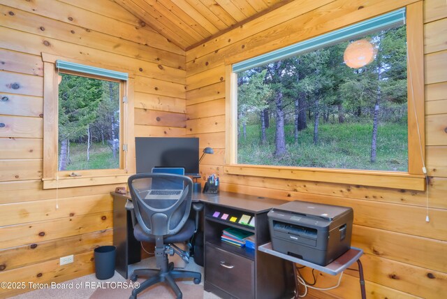3190 Sorensen Creek Dr, Victor, ID 83455 - office with lofted ceiling, wooden ceiling, and wood walls