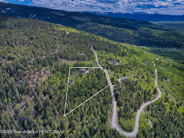 3190 Sorensen Creek Dr, Victor, ID 83455 - aerial view of property and surrounding area with a heavily wooded area, property boundaries highlighted, and a mountainous background