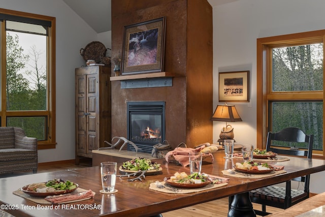 25000 N Deer Ct, Moran, WY 83013 - living room featuring lofted ceiling, a premium fireplace, plenty of natural light, and wood finished floors