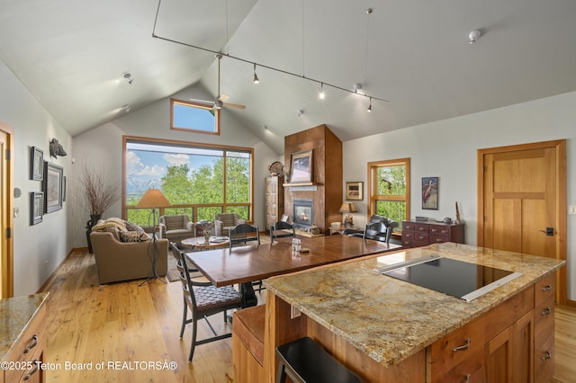 25000 N Deer Ct, Moran, WY 83013 - kitchen featuring black electric stovetop, open floor plan, light wood-style flooring, and high vaulted ceiling