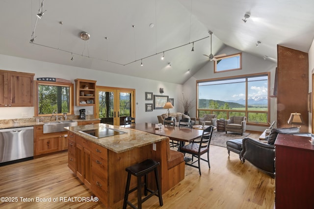 25000 N Deer Ct, Moran, WY 83013 - kitchen with dishwasher, open floor plan, a sink, black electric stovetop, and light wood-style floors
