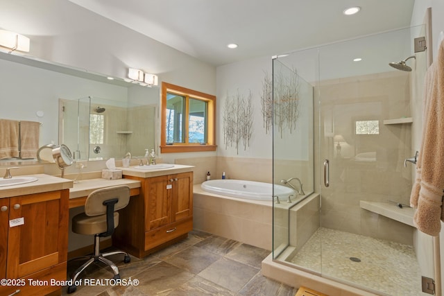 25000 N Deer Ct, Moran, WY 83013 - bathroom with a stall shower, double vanity, a garden tub, and recessed lighting