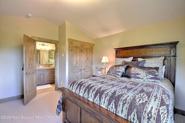 1795 Fumarole Dr, Victor, ID 83455 - bedroom featuring vaulted ceiling, light carpet, a closet, and connected bathroom