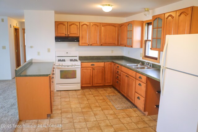 510 Rakestraw Ave, Marbleton, WY 83113 - kitchen featuring white appliances, a sink, under cabinet range hood, dark countertops, and brown cabinets
