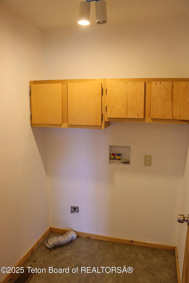 510 Rakestraw Ave, Marbleton, WY 83113 - laundry room featuring cabinet space, hookup for an electric dryer, hookup for a washing machine, baseboards, and carpet floors