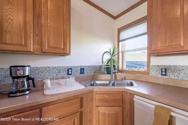 58 Blackhawk Trl, Boulder, WY 82923 - kitchen with a sink, white dishwasher, ornamental molding, and tasteful backsplash