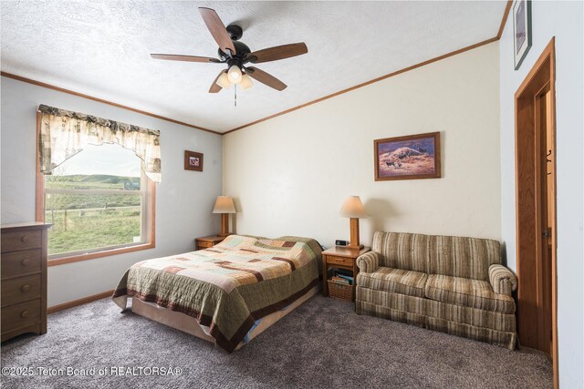 58 Blackhawk Trl, Boulder, WY 82923 - bedroom featuring crown molding, carpet flooring, a textured ceiling, and a ceiling fan
