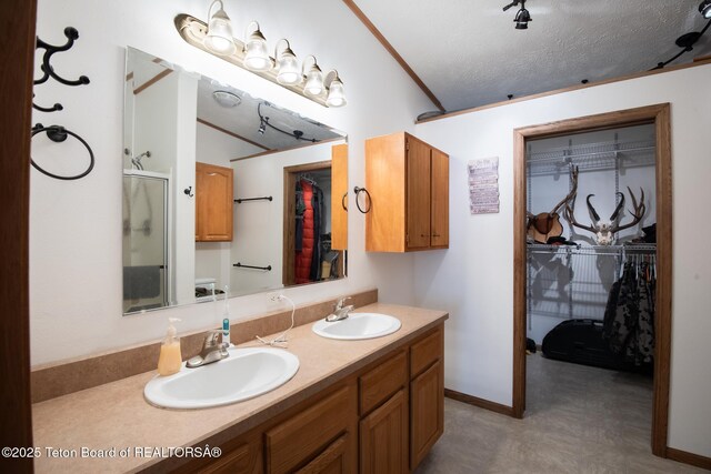 58 Blackhawk Trl, Boulder, WY 82923 - bathroom with a stall shower, double vanity, a spacious closet, ornamental molding, and lofted ceiling