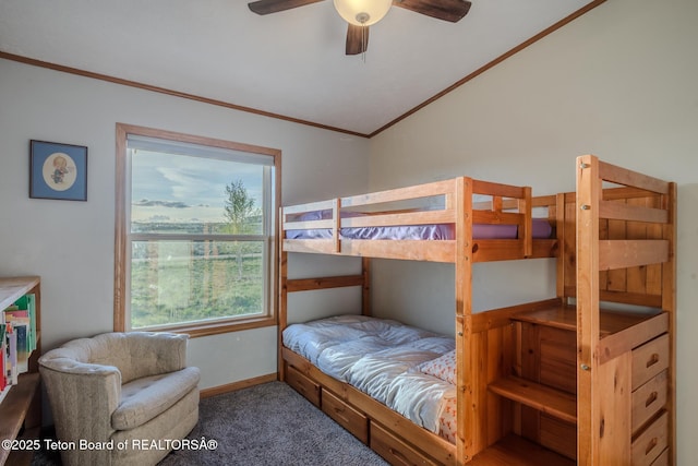 58 Blackhawk Trl, Boulder, WY 82923 - bedroom featuring ornamental molding, carpet flooring, baseboards, lofted ceiling, and a ceiling fan