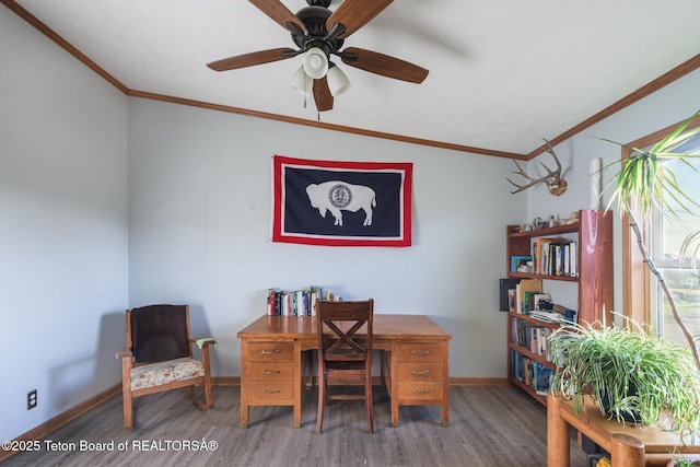 58 Blackhawk Trl, Boulder, WY 82923 - home office with wood finished floors, baseboards, crown molding, and ceiling fan