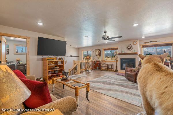 1516 Fischer Ln, Tetonia, ID 83452 - living room featuring a ceiling fan, wood finished floors, recessed lighting, and a glass covered fireplace