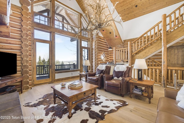 29 Bannock Cir, Victor, ID 83455 - living area featuring rustic walls, high vaulted ceiling, wood-type flooring, stairway, and wooden ceiling