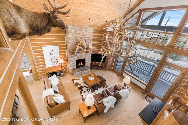 29 Bannock Cir, Victor, ID 83455 - living area with rustic walls, wooden ceiling, high vaulted ceiling, a fireplace, and hardwood / wood-style flooring