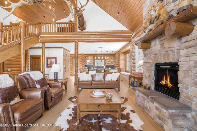 29 Bannock Cir, Victor, ID 83455 - living area with high vaulted ceiling, wooden ceiling, wood finished floors, a fireplace, and log walls