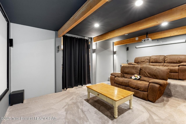 205 Betsy Ct, Bedford, WY 83112 - home theater with carpet flooring, recessed lighting, and beam ceiling