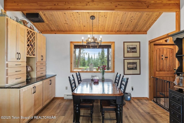 205 Betsy Ct, Bedford, WY 83112 - dining space with a chandelier, wood finished floors, baseboards, and wooden ceiling