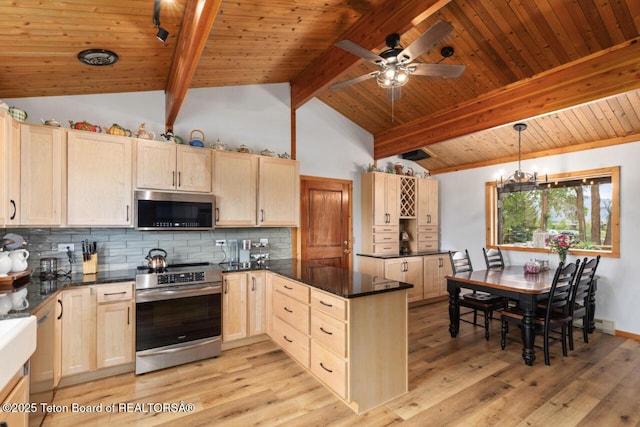 205 Betsy Ct, Bedford, WY 83112 - kitchen with appliances with stainless steel finishes, light brown cabinets, a peninsula, backsplash, and light wood-type flooring