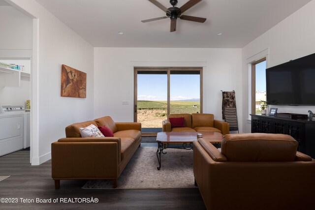 6118 Hatfield Way, Driggs, ID 83422 - living room with washing machine and dryer, dark wood finished floors, ceiling fan, baseboards, and recessed lighting