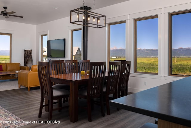 6118 Hatfield Way, Driggs, ID 83422 - dining area with a chandelier, wood finished floors, and ceiling fan