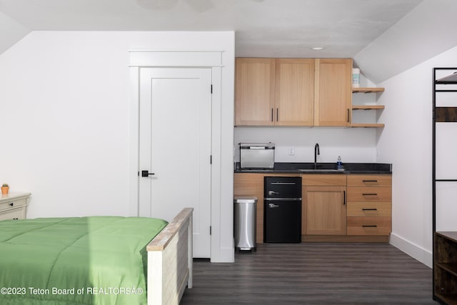6118 Hatfield Way, Driggs, ID 83422 - kitchen featuring a sink, dark wood-type flooring, open shelves, dark countertops, and vaulted ceiling