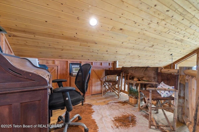 62 Skyline Dr, Bondurant, WY 82922 - office space with vaulted ceiling, wooden ceiling, light wood-style floors, and wooden walls