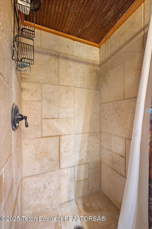 62 Skyline Dr, Bondurant, WY 82922 - bathroom view of wood ceiling, tiled shower, and concrete block wall
