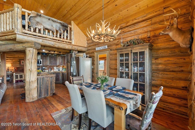 62 Skyline Dr, Bondurant, WY 82922 - dining space featuring high vaulted ceiling, a chandelier, wooden ceiling, log walls, and dark wood-style floors