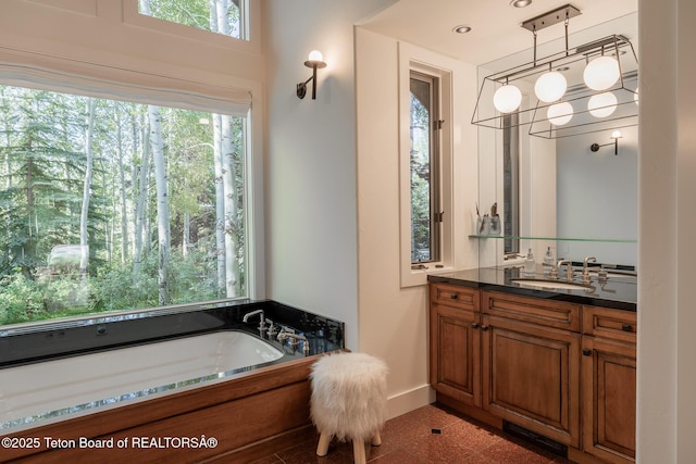 2540 Trader Rd, Jackson, WY 83001 - full bathroom featuring vanity, a bath, healthy amount of natural light, and granite floors