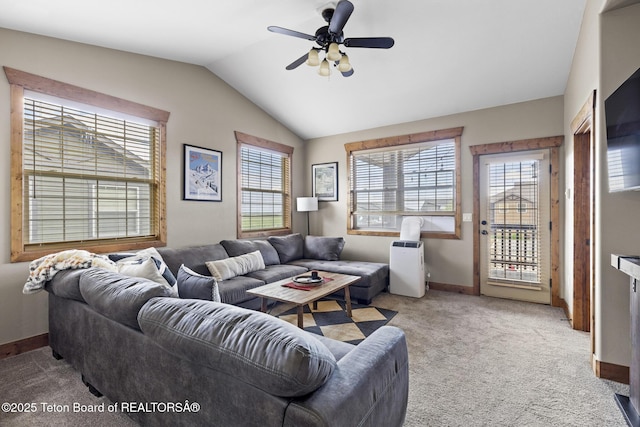 715 Moraine Ct Unit 36, Driggs, ID 83422 - living room featuring carpet floors, lofted ceiling, and a ceiling fan